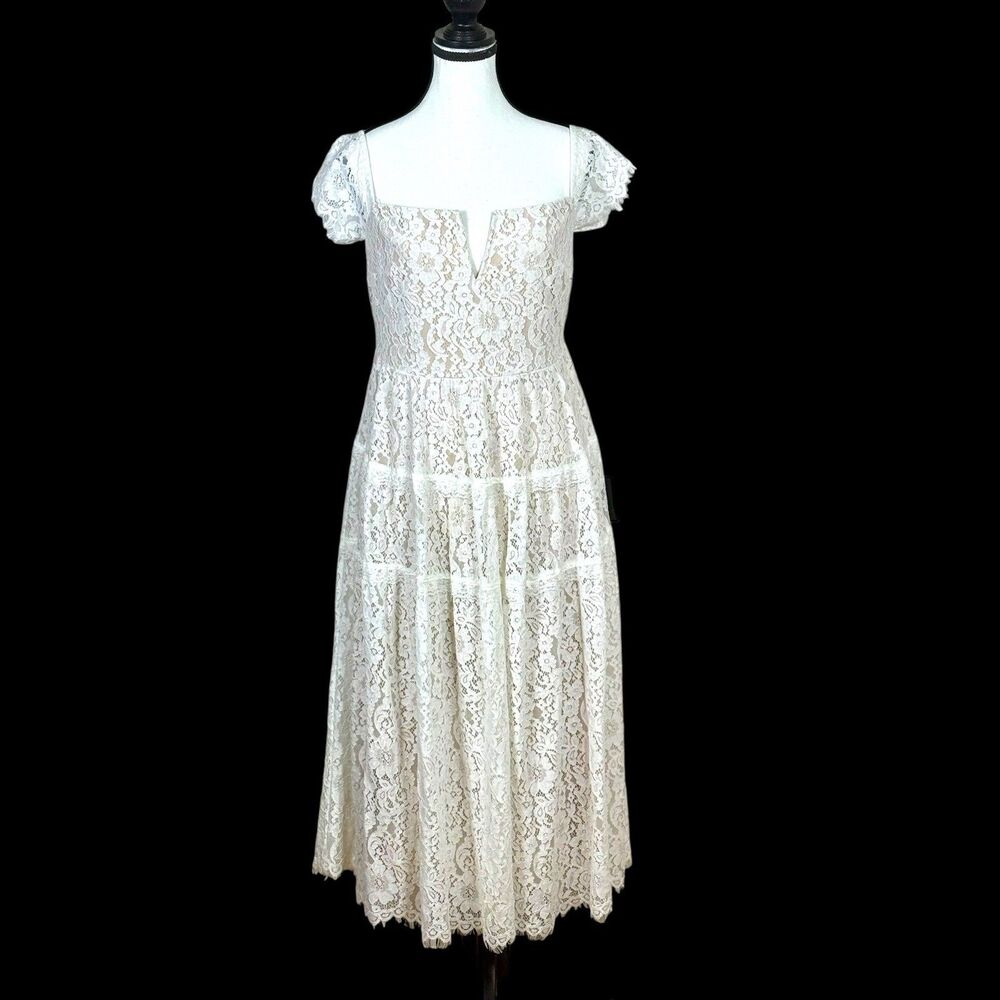 Lulus Womens  Absolutely Stunning Off Shoulder White Lace Midi Dress L Bridal